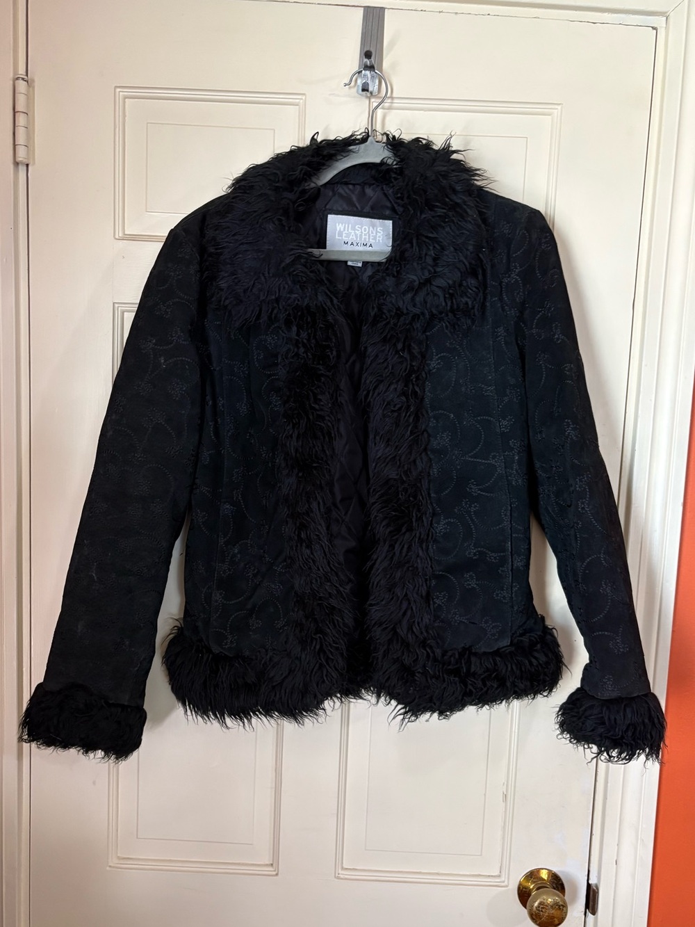 Wilsons Leather Maxima Y2K Coat Women’s Sz Large Faux Fur Black Embroidered VTG